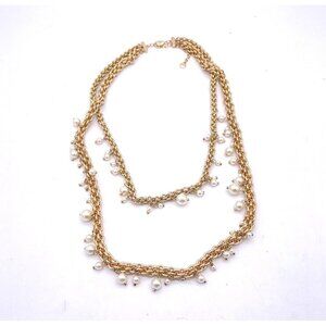 Baublebar 2 Stand Chain Drop Dangle Necklace Gold Tone Beaded Lobster Closure